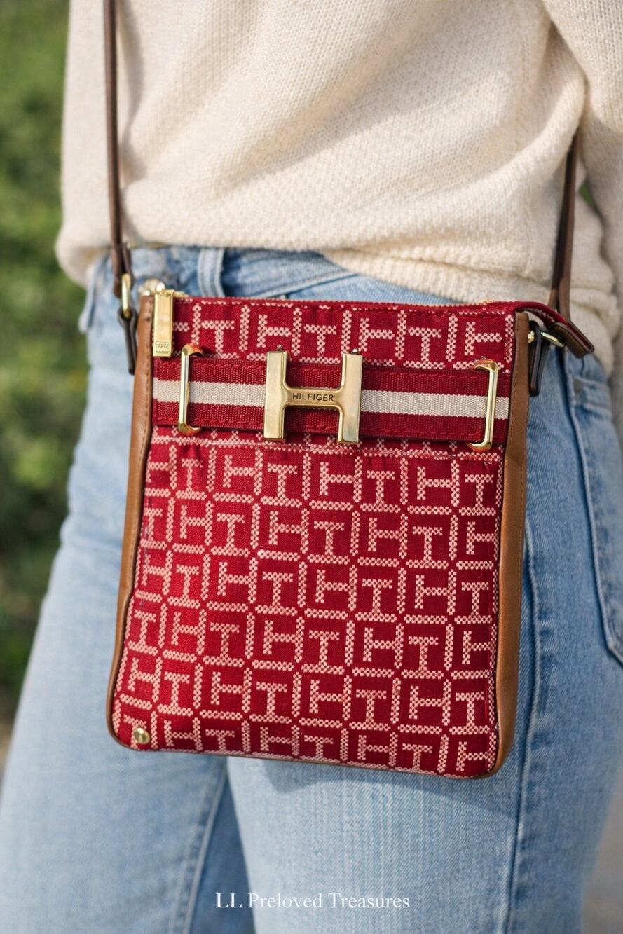 Tommy Hilfiger monogram Jacquard Crossbody Bag Red & Cream Gold Hardware